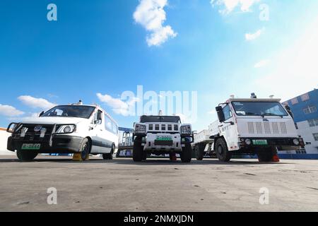 ORDOS, CHINA - FEBRUARY 24, 2023 - Photo taken on Feb. 24, 2023 shows driverless new energy vehicles at the Shendong Coal Mine in Yijin Horo Banner, O Stock Photo