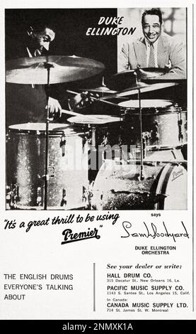 An ad for Premier Drums featuring big band drummer Sam Woodyard and his boss, bandleader Duke Ellington. From a 1961 periodical. Stock Photo