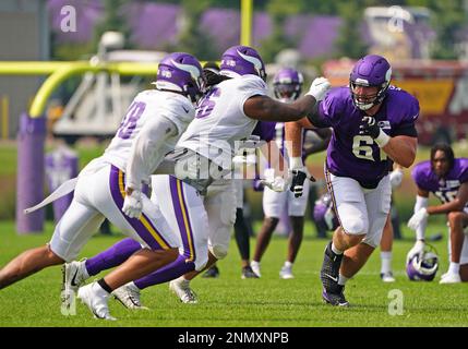 Minnesota Vikings wide receiver Justin Jefferson (18) participates during a  joint NFL football training camp with the Denver Broncos Thursday, Aug. 12,  2021, in Eagan, Minn. (AP Photo/Bruce Kluckhohn Stock Photo - Alamy