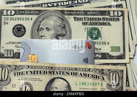 Cairo, Egypt, February 11 2023: Al Baraka electronic payment wireless and ATM master card of The Islamic Baraka bank in Egypt used for transactions on Stock Photo