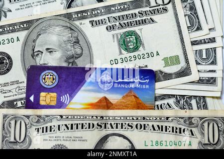 Cairo, Egypt, February 11 2023: Meeza electronic payment wireless and ATM card of Banque Misr or Egypt Bank used for transactions within Egypt on a pi Stock Photo