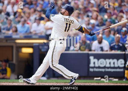 MILWAUKEE, WI - APRIL 29: Milwaukee Brewers first baseman Rowdy Tellez (11)  gets a hit during a game between the Milwaukee Brewers and the Chicago Cubs  at American Family Field on April