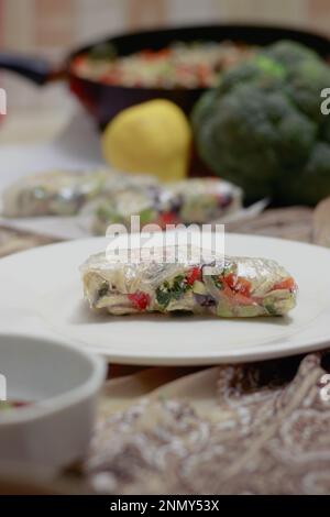 Delicious and healthy homemade vegan Vietnamese summer rolls also called goi cuon or nem cuon Stock Photo