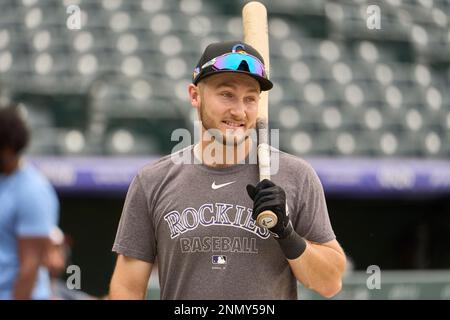 August 3 2021: Colorado Rockies outfielder Connor Joe (9) before the game  with the Chicago Cubs and the Colorado Rockies held at Coors Field in  Denver Co. David Seelig/Cal Sport Medi(Credit Image