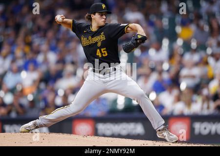 MILWAUKEE, WI - AUGUST 03: Pittsburgh Pirates pitcher Max Kranick (45)  delivers a pitch during the MLB game against the Milwaukee Brewers on  August 3, 2021 at American Family Field in Milwaukee