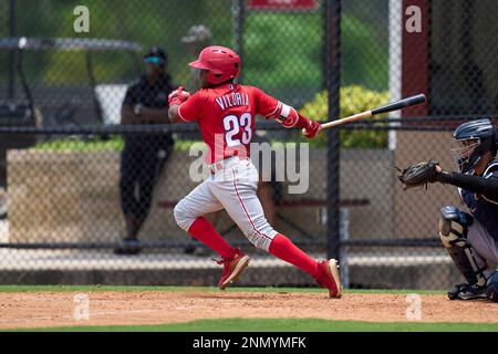 Philadelphia Phillies Uziel Viloria (23) bunts during a MiLB Spring Training  game against the Detroit Tigers on March 25, 2022 at Tiger Town in  Lakeland, Florida. (Mike Janes/Four Seam Images via AP