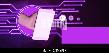Hand Holding mobile phone presenting New Futuristic Technologies. Palm Carrying cellphone Displaying Solving Late Innovative Virtual Ideas. Screen Stock Photo