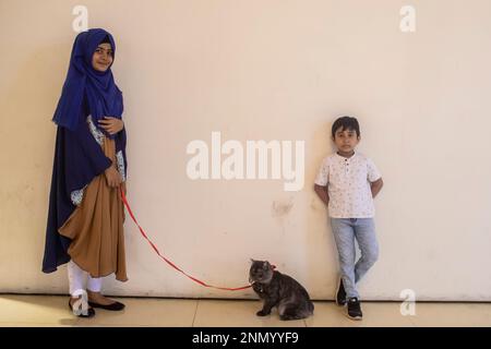 Dhaka, Bangladesh. 24th Feb, 2023. Children show off their pet cat during the cat ramp show at Jamuna Future Park in Dhaka. This is the first-ever cat ramp show where many cat lovers attended the events. (Photo by Sazzad Hossain/SOPA Images/Sipa USA) Credit: Sipa USA/Alamy Live News Stock Photo