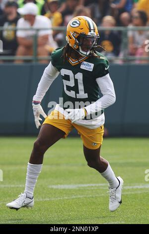 ASHWAUBENON, WI - JULY 31: Green Bay Packers safety Darnell Savage Jr.,  (26) laughs during 2021 Training Camp at Ray Nitschke Field on July 31,  2021 in Ashwaubenon, WI. (Photo by Larry