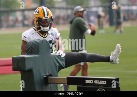 ASHWAUBENON, WI - JULY 31: Green Bay Packers safety Darnell Savage Jr.,  (26) laughs during 2021 Training Camp at Ray Nitschke Field on July 31,  2021 in Ashwaubenon, WI. (Photo by Larry