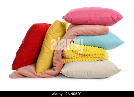 Stylish soft pillows and blankets on white background Stock Photo