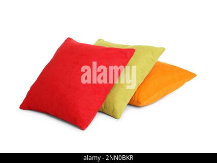Different colorful decorative pillows on white background Stock Photo