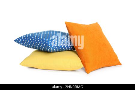 Different colorful decorative pillows on white background Stock Photo