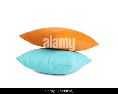 Different colorful decorative pillows on white background Stock Photo
