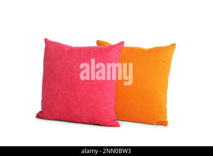 Different colorful decorative pillows on white background Stock Photo