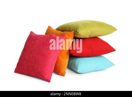 Different colorful decorative pillows on white background Stock Photo
