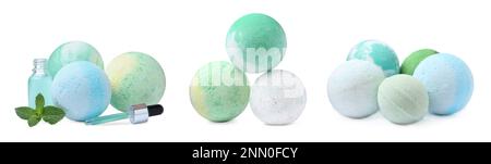 Set with aromatic bath bombs on white background. Banner design Stock Photo