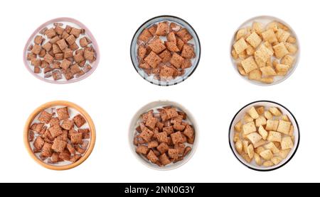 Tasty corn pads with milk in bowls on white background, collage Stock Photo