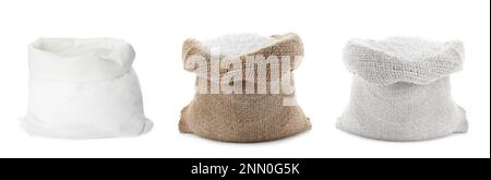 Set with ammonium nitrate pellets in bags on white background, banner design. Mineral fertilizer Stock Photo