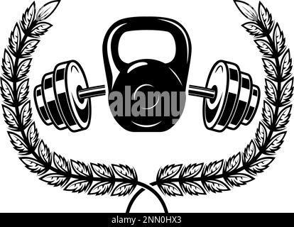 Barbell and kettlebell and wreath. Emblem template. Design element for logo, sign, emblem. Vector illustration Stock Vector