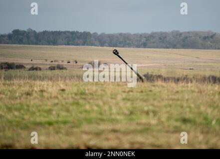 the gun of a British army military AS90 (AS-90 Braveheart Gun Equipment 155mm L131) armoured self-propelled howitzer on a military exercise, Wilts UK Stock Photo