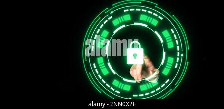 Lady In Suit Standing Pointing On virtual button. Showing Futuristic Graphic Interface. Woman In Uniform pressing on screen Device Presenting Modern Stock Photo