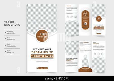 Home construction and renovation business promotional tri fold brochure design with chocolate color shapes. House sale advertisement leaflet vector. R Stock Vector