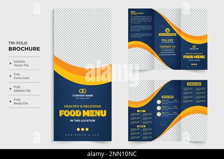 Food menu tri fold brochure template vector with dark blue and yellow colors. Restaurant promotion poster and leaflet layout design for marketing. Foo Stock Vector