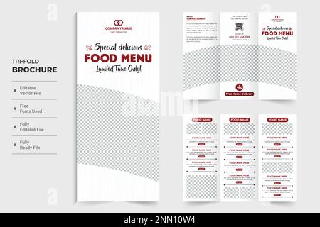 Delicious food menu discount, promotional brochure design with photo placeholders. Double sided food menu list template for restaurant. Culinary tri f Stock Vector