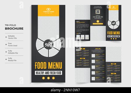 Healthy restaurant food menu leaflet and brochure template vector on a dark background. Restaurant menu list tri fold brochure design with photo place Stock Vector