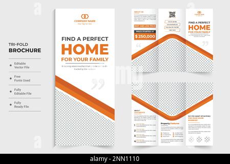 Home selling and renovation brochure design for marketing. House construction and sale tri fold brochure vector with photo placeholders. Real estate h Stock Vector