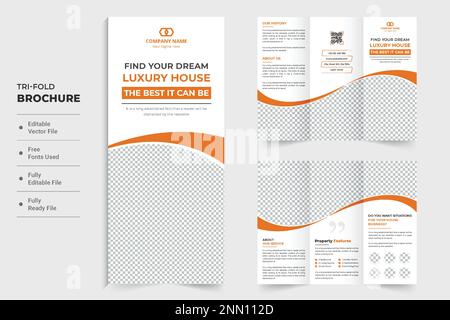 Real estate business promotional leaflet design with abstract orange shapes. Home sale tri fold brochure template vector for marketing. Real estate ho Stock Vector