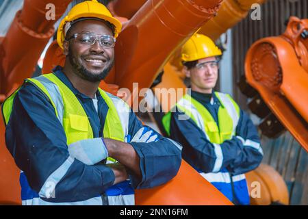 black african engineer team worker standing in robotic arm factory. service teamwork man. Stock Photo