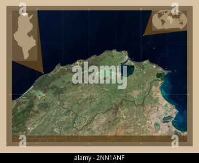 Bizerte, governorate of Tunisia. Low resolution satellite map. Corner auxiliary location maps Stock Photo