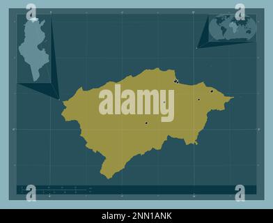 Bizerte, governorate of Tunisia. Solid color shape. Locations of major cities of the region. Corner auxiliary location maps Stock Photo