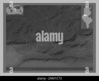 Gafsa, governorate of Tunisia. Grayscale elevation map with lakes and rivers. Corner auxiliary location maps Stock Photo