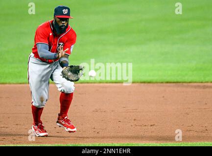 BALTIMORE, MD - JULY 23 Washington Nationals catcher Tres Barrera (38)  looks back to the dugout as Baltimore Orioles center fielder Cedric Mullins  (31) comes to bat during the Washington Nationals game