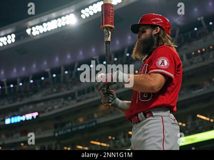 KANSAS CITY, MO - JULY 25: Los Angeles Angels center fielder Brandon Marsh  (16) as seen in the dugout during a MLB game between the Los Angeles Angels  and the Kansas City