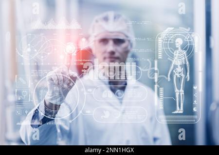 Medical doctor using advance technology big data visual display computer touch screen overlay in Science research Lab. Stock Photo