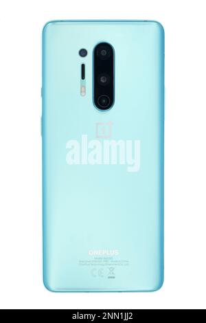 Blue OnePlus 8 Pro Android smartphone back view cut out isolated on white background Stock Photo
