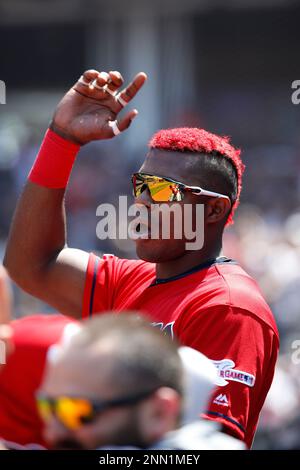 CLEVELAND, OH - AUGUST 04: Yasiel Puig #66 of the Cleveland Indians looks  on during a game against the Los Angeles Angels at Progressive Field on  August 4, 2019 in Cleveland, Ohio.