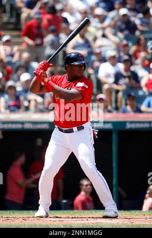 CLEVELAND, OH - AUGUST 04: Yasiel Puig #66 of the Cleveland Indians looks  on during a game against the Los Angeles Angels at Progressive Field on  August 4, 2019 in Cleveland, Ohio.