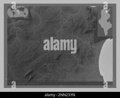 Zaghouan, governorate of Tunisia. Grayscale elevation map with lakes and rivers. Locations of major cities of the region. Corner auxiliary location ma Stock Photo