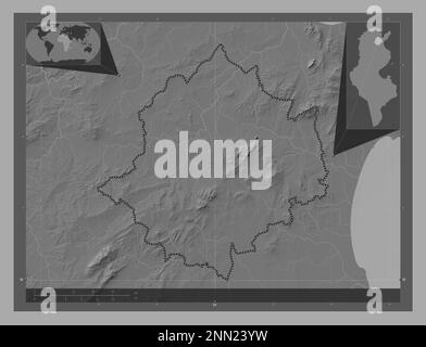 Zaghouan, governorate of Tunisia. Bilevel elevation map with lakes and rivers. Corner auxiliary location maps Stock Photo