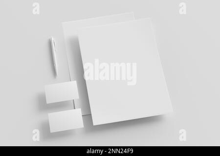 Blank corporate stationery set mockup with sheets of office paper, business cards and pen on white background. Branding mock up. Side view. 3d illustr Stock Photo