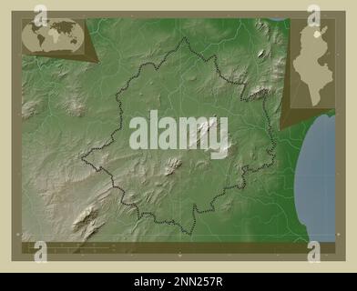 Zaghouan, governorate of Tunisia. Elevation map colored in wiki style with lakes and rivers. Corner auxiliary location maps Stock Photo