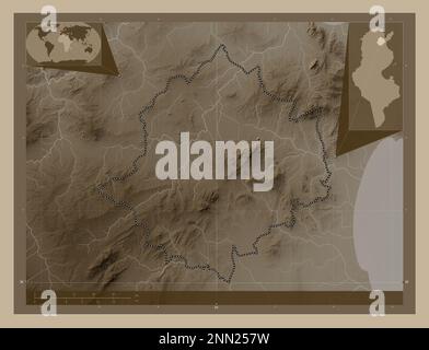 Zaghouan, governorate of Tunisia. Elevation map colored in sepia tones with lakes and rivers. Corner auxiliary location maps Stock Photo
