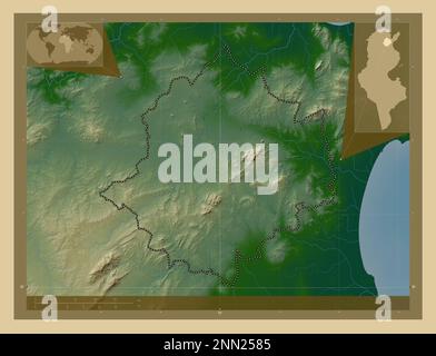 Zaghouan, governorate of Tunisia. Colored elevation map with lakes and rivers. Locations of major cities of the region. Corner auxiliary location maps Stock Photo