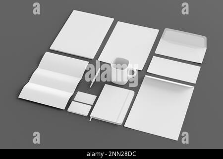 Blank corporate stationery set mockup with envelopes,  business cards, folder, trifold brochure, paper sheet, notebook, cup and pen on gray background Stock Photo