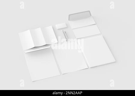 Blank corporate stationery set mockup on white background. Branding mock up. Side view Stock Photo